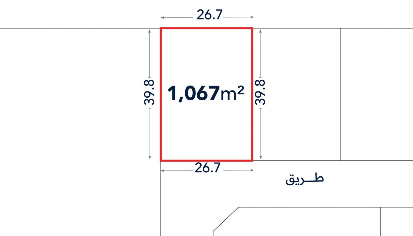 A rectangular plot outlined in red measures 26.7m by 39.8m, with an area of 1,067m² noted in the center. Arabic text labels a road adjacent to one side.