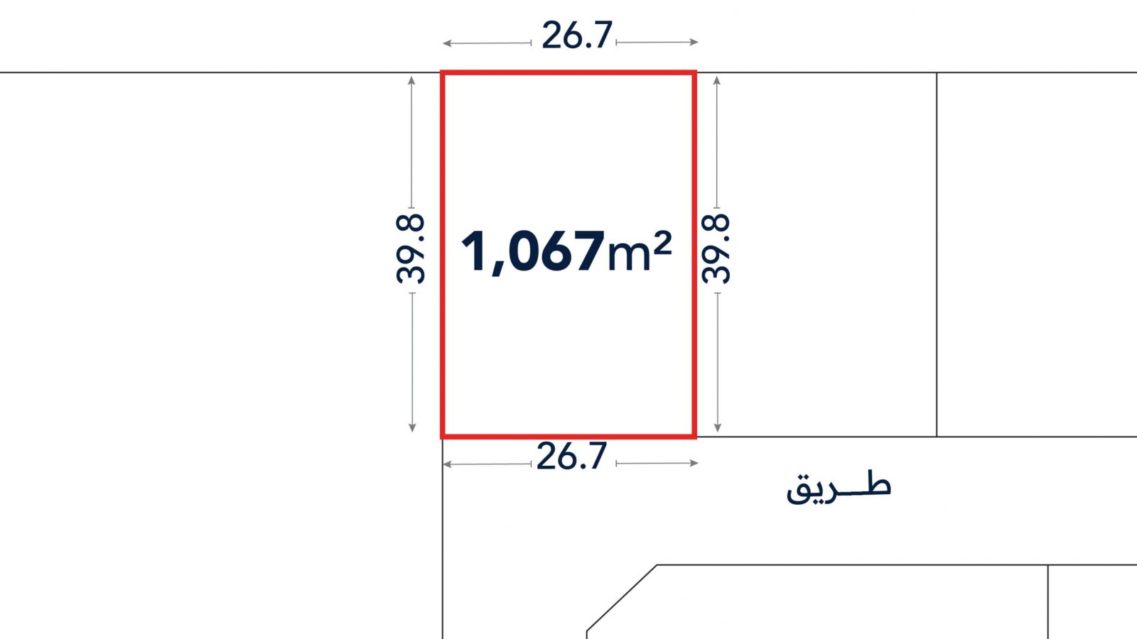 A rectangular plot outlined in red measures 26.7m by 39.8m, with an area of 1,067m² noted in the center. Arabic text labels a road adjacent to one side.
