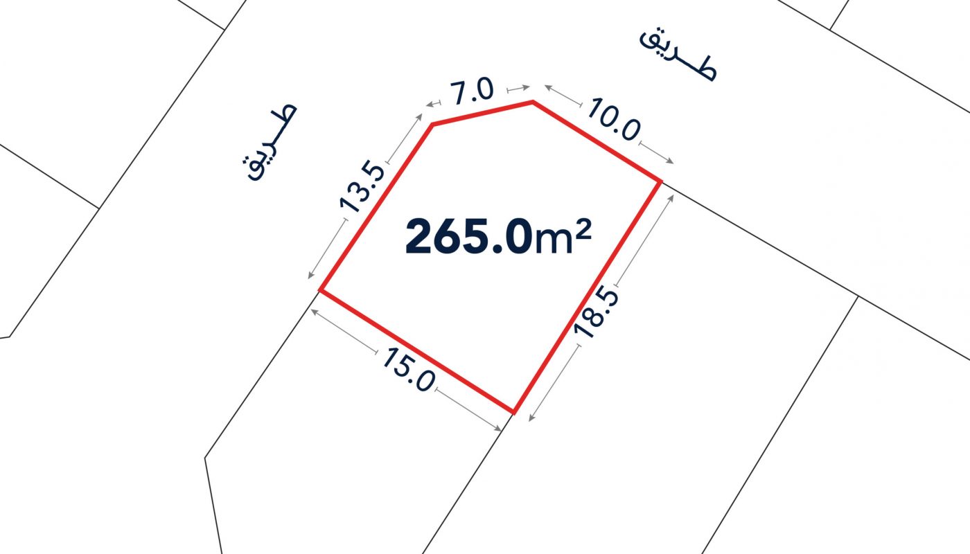 A land plot outlined in red shows area 265.0 m² with side lengths 7.0, 10.0, 18.5, 15.0, and 13.5 meters labeled; adjacent streets labeled in Arabic.