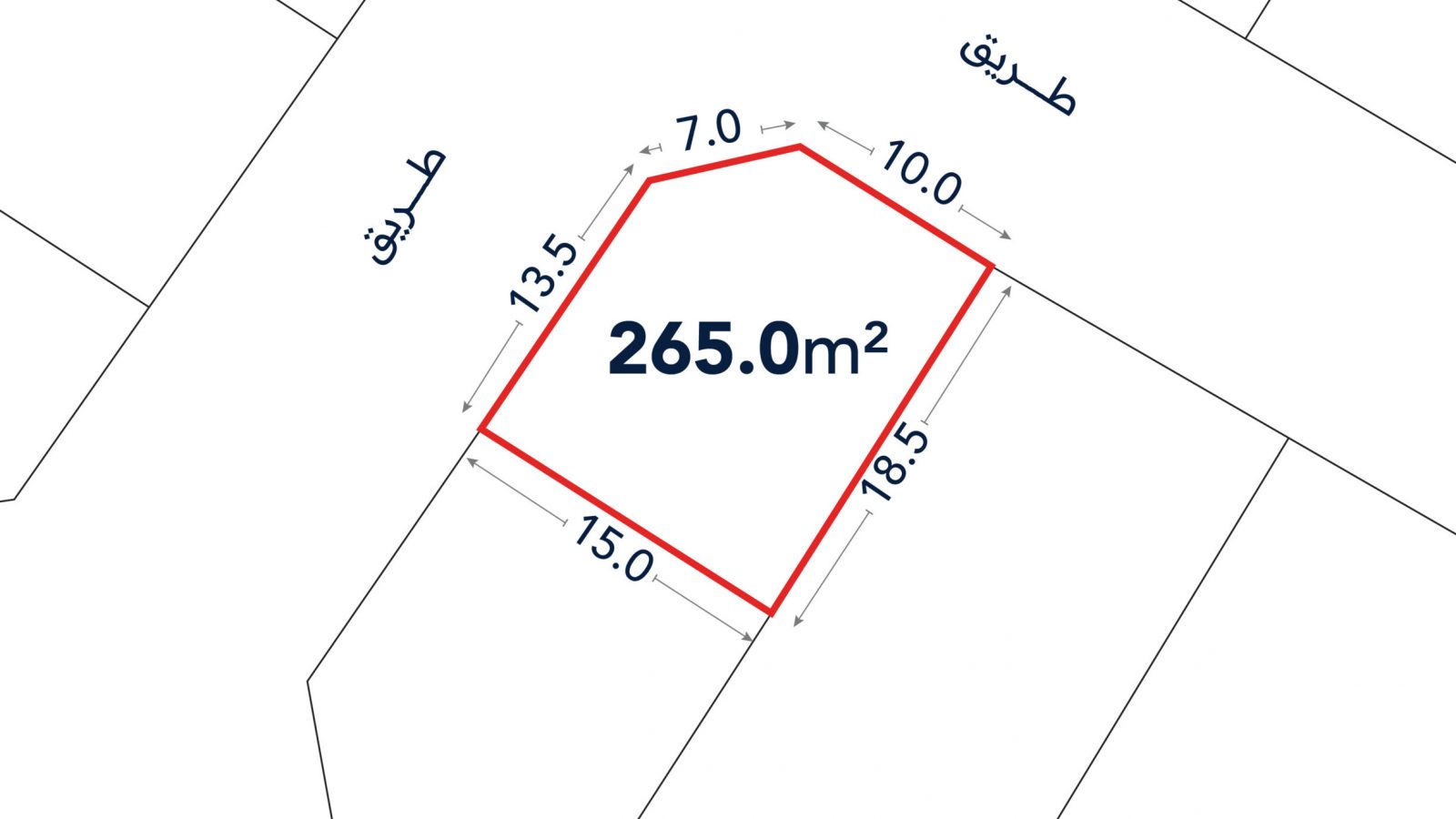 A land plot outlined in red shows area 265.0 m² with side lengths 7.0, 10.0, 18.5, 15.0, and 13.5 meters labeled; adjacent streets labeled in Arabic.
