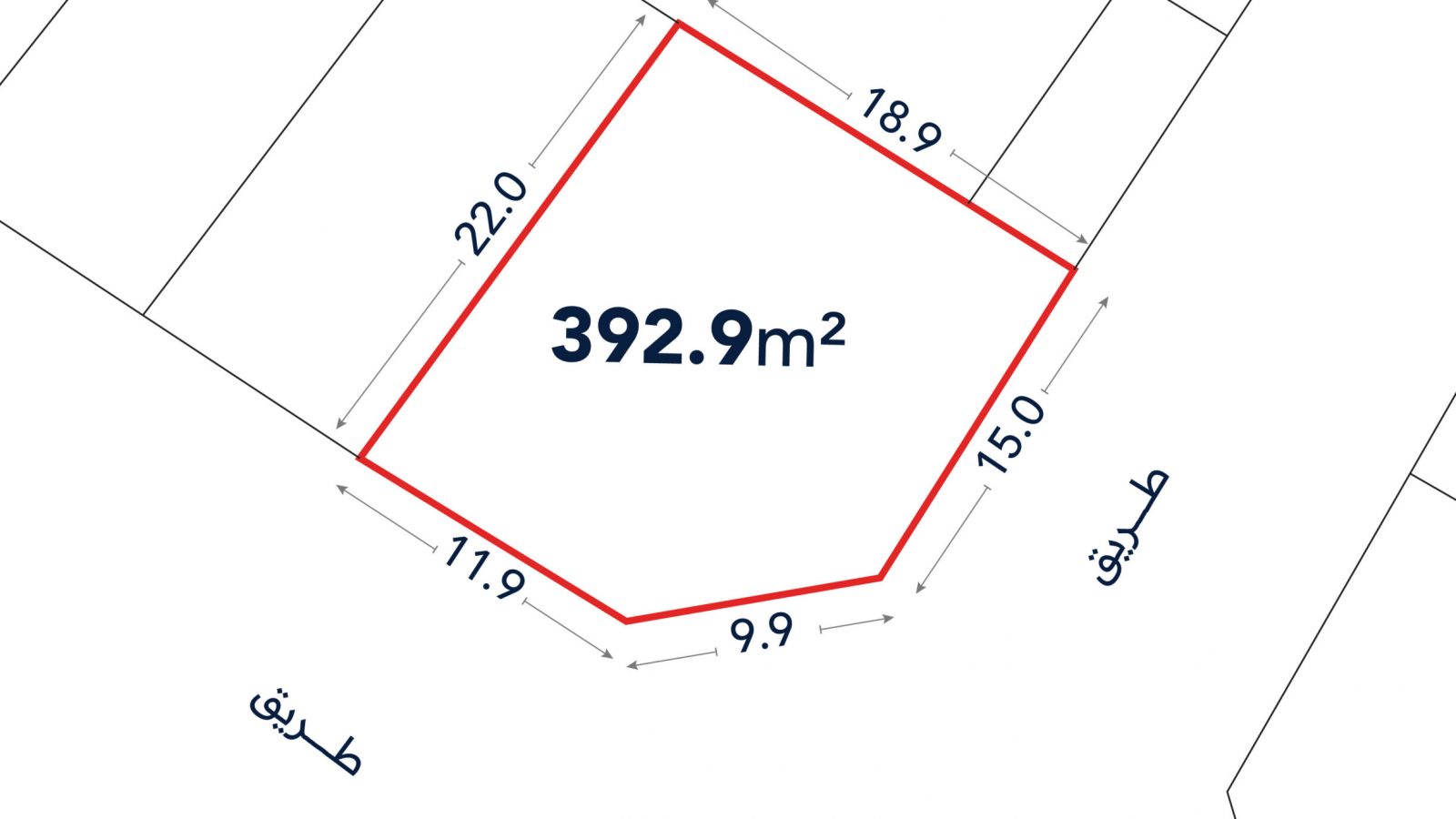 A land plot outlined in red with an area of 392.9 m²; side lengths are 22.0, 18.9, 15.0, 9.9, and 11.9 meters, bordered by streets on three sides.