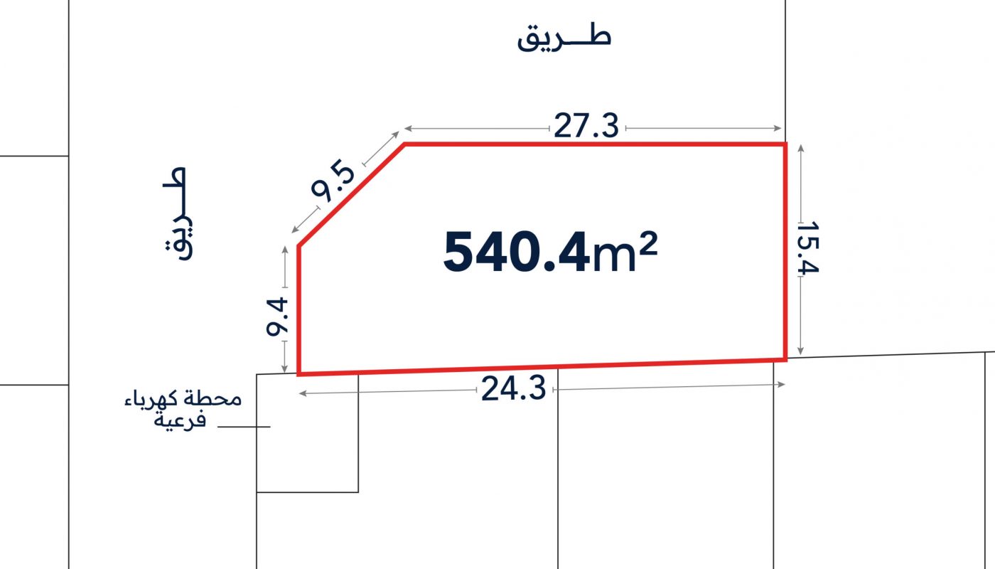 A plot of land outlined in red, labeled 540.4 m², with adjacent roads and dimensions 27.3m, 15.4m, 24.3m, and 9.4m; nearby is a labeled coffee station in Arabic.
