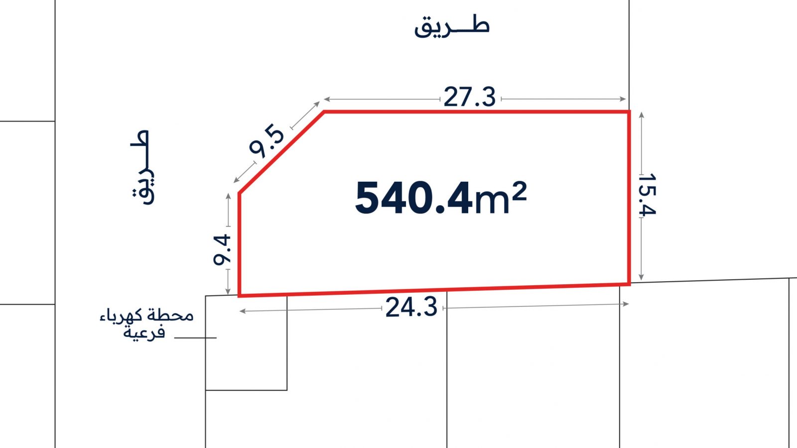 A plot of land outlined in red, labeled 540.4 m², with adjacent roads and dimensions 27.3m, 15.4m, 24.3m, and 9.4m; nearby is a labeled coffee station in Arabic.