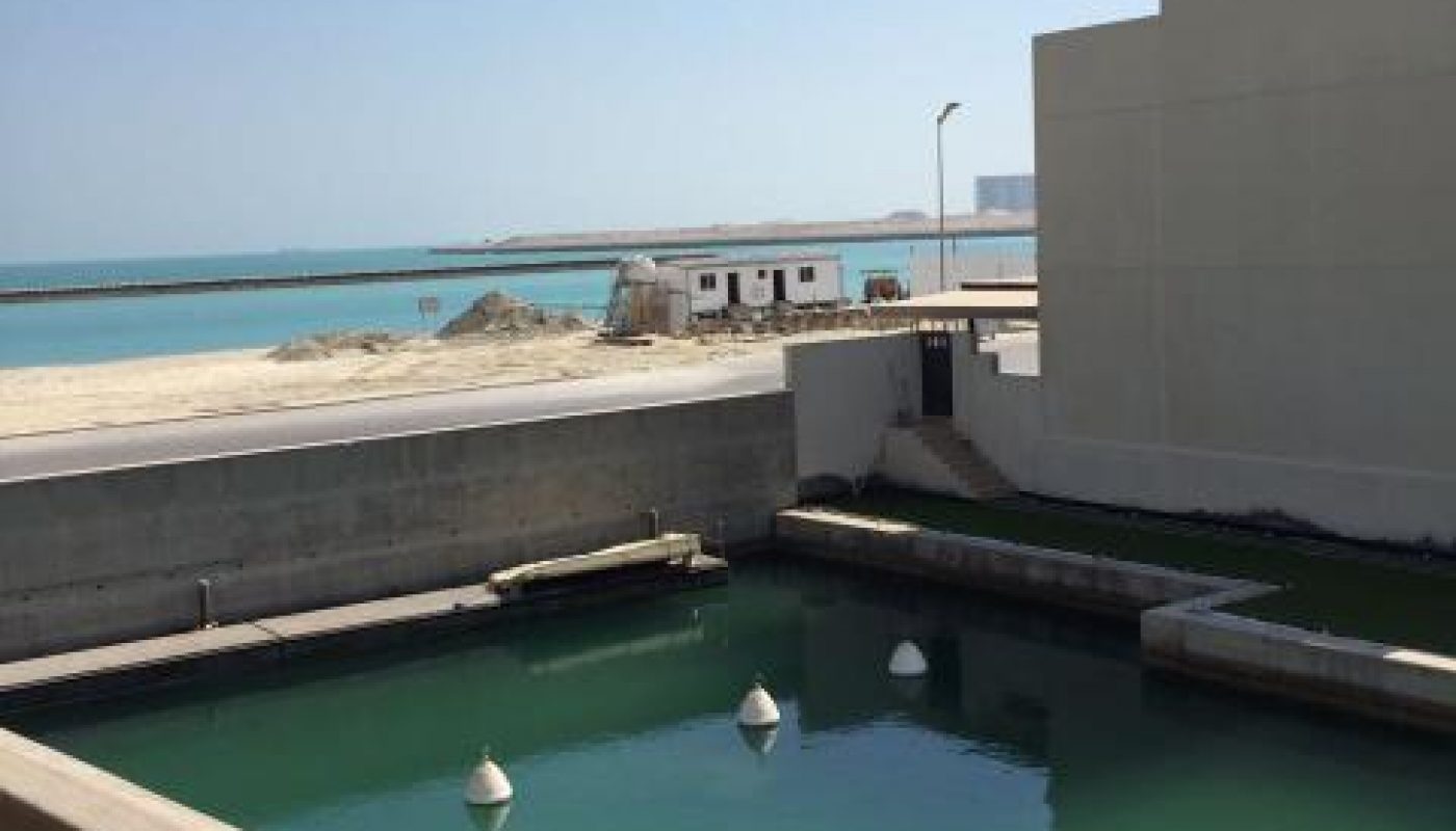 View from a balcony showing a fenced pool with floating buoys, a sandy area, a white building, and the sea in the background under a clear blue sky.