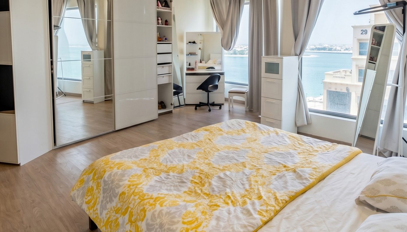 Bright bedroom with a bed, mirrored closets, desk, and large windows with a view of water outside.