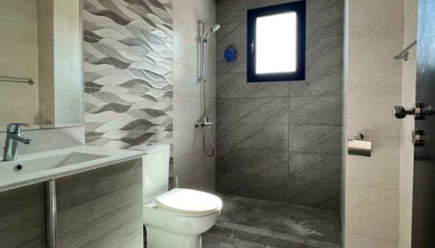 Modern bathroom with gray tiles, a toilet, a sink cabinet, a walk-in shower, a small window, and a bowl on the floor next to the toilet.