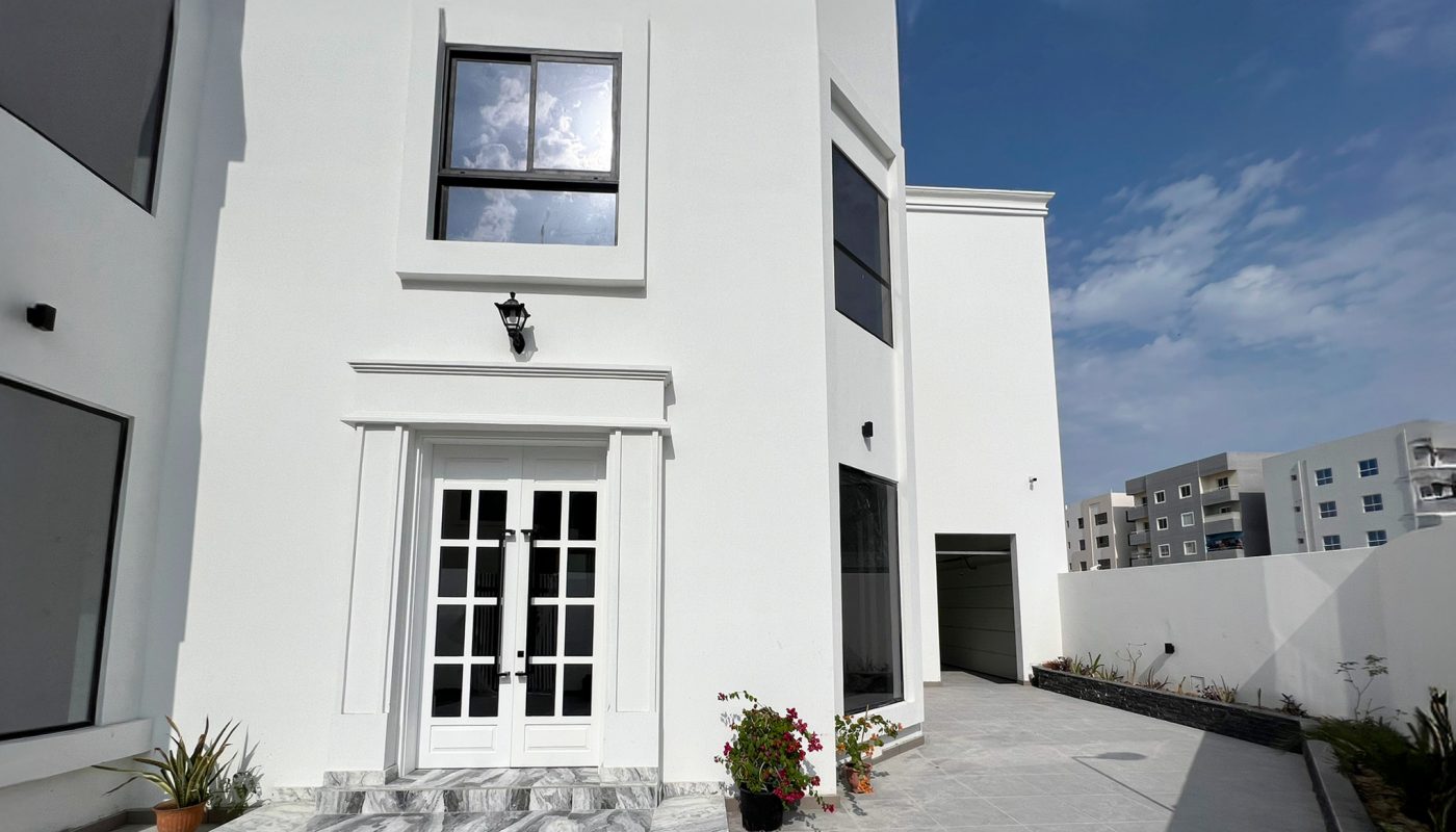 Modern white two-story house with large windows, double glass doors, potted plants, and a paved driveway; clear blue sky above.