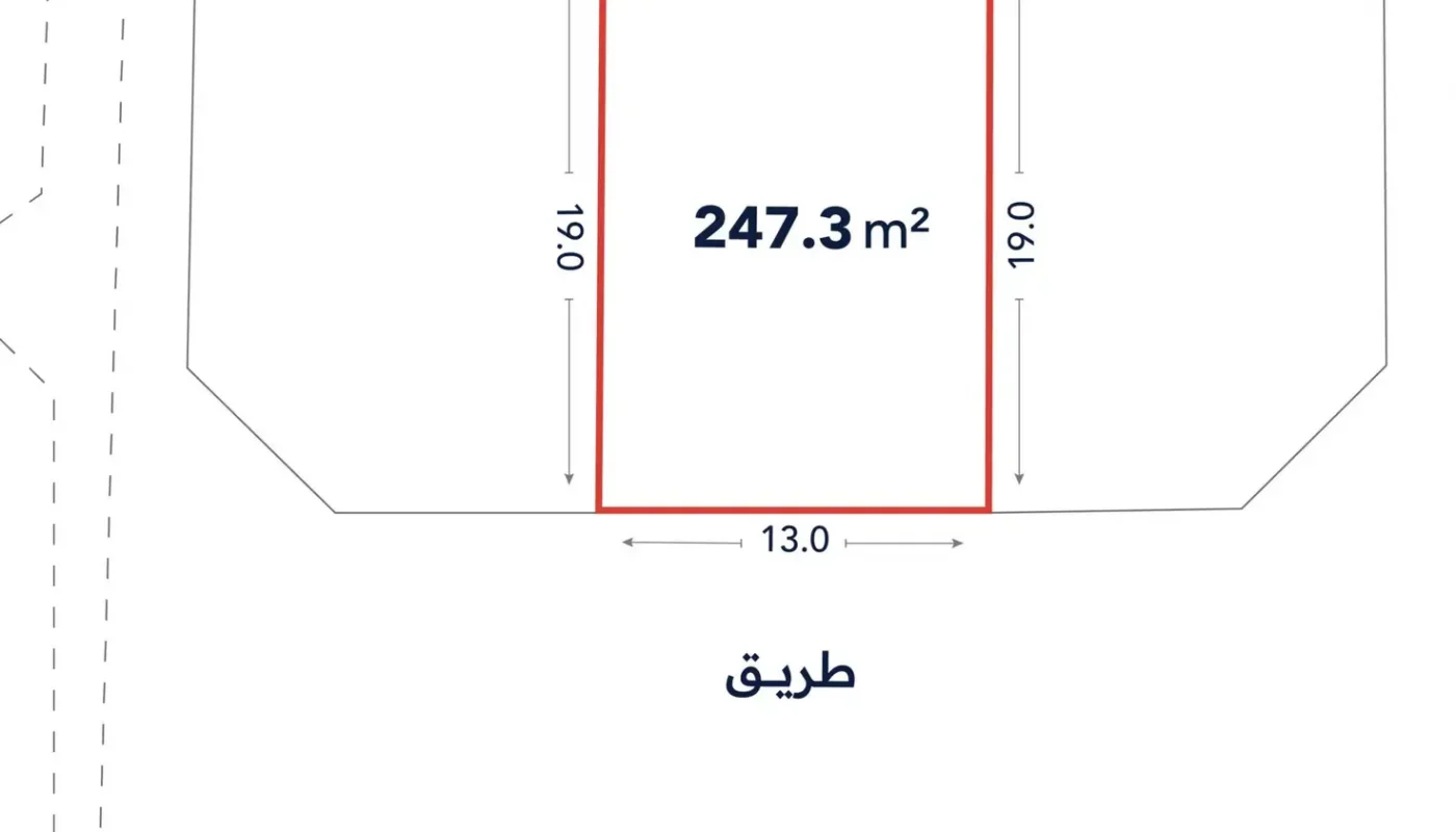 A rectangular plot outlined in red, labeled 247.3 m², with 13.0 m width and 19.0 m length, adjacent to a road labeled "طريق" in Arabic.
