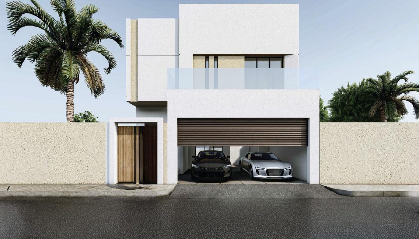 Modern two-story white house with a flat roof, palm trees, and two cars parked in a garage behind a partially open gate on a wet street.