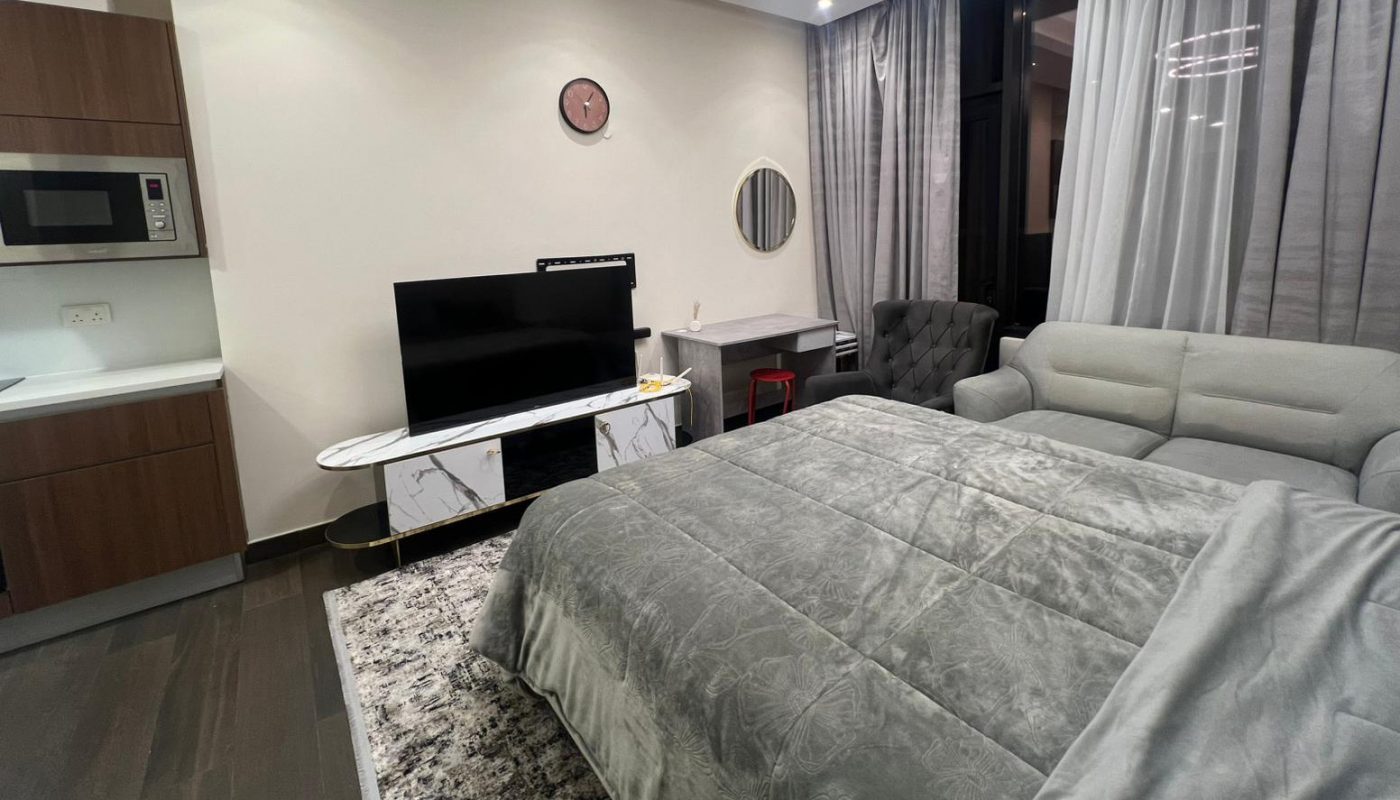 Modern studio apartment with a large bed, grey sofa, flat-screen TV, kitchenette, round ceiling lights, wall clock, and floor-to-ceiling curtains.