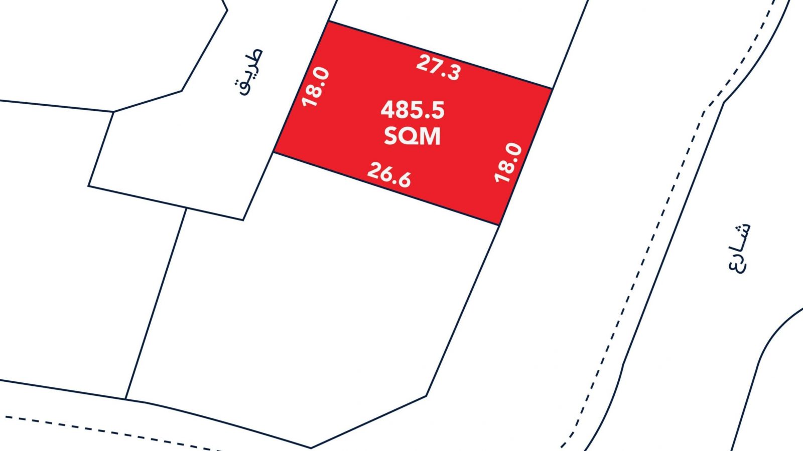 A plot map shows a red rectangular area labeled "485.5 SQM" with dimensions 27.3, 18.0, and 26.6. Roads labeled "شارع" and "طريق" run alongside the plot.