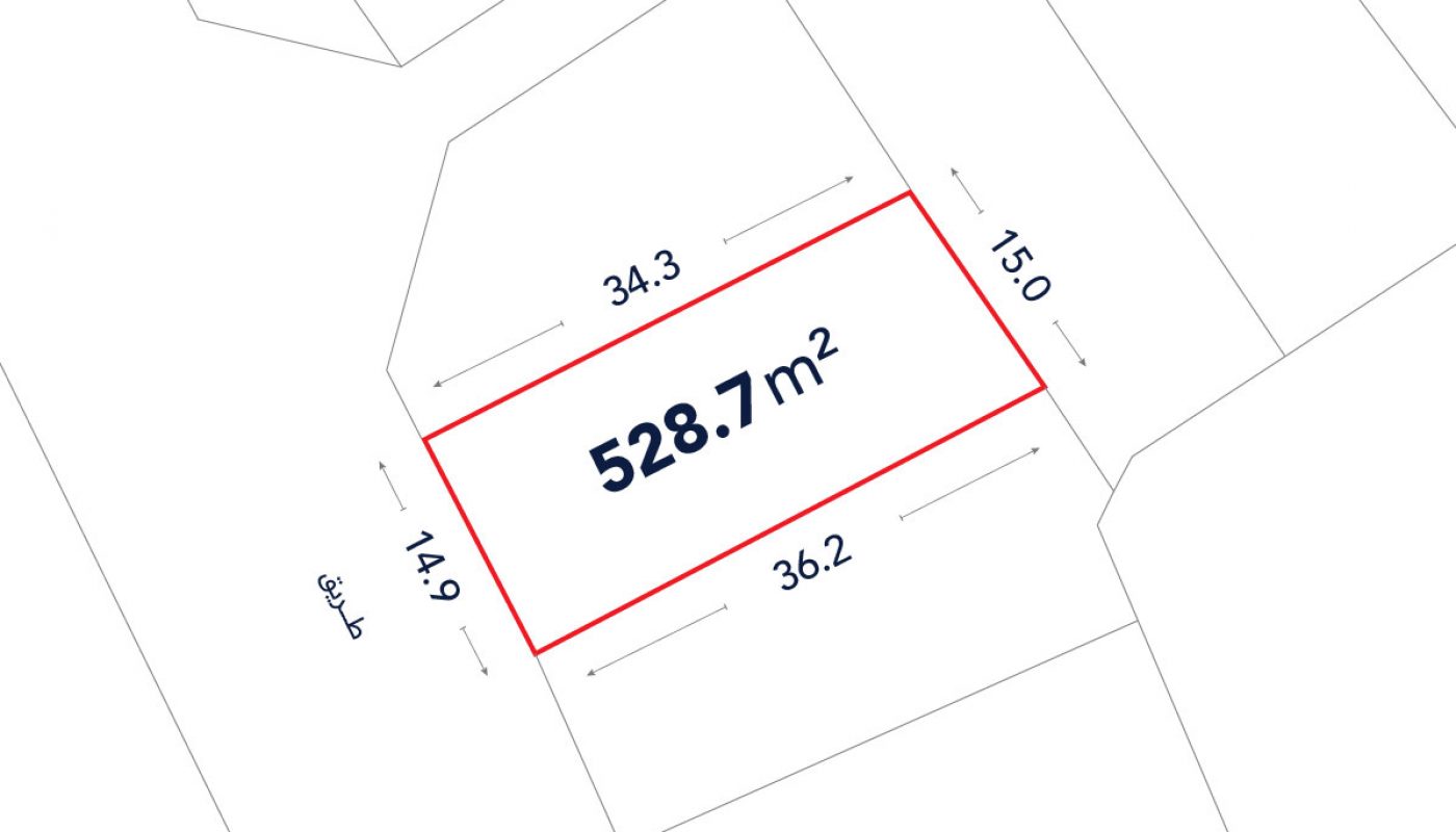 A rectangular plot outlined in red, labeled 528.7 square meters, with side lengths 14.9m, 34.3m, 15.0m, and 36.2m, shown on a simple map layout.