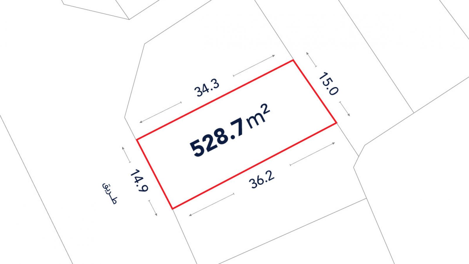 A rectangular plot outlined in red measures 528.7 square meters, with labeled side lengths: 34.3m, 36.2m, 15.0m, and 14.9m. Surrounding areas are unlabeled.