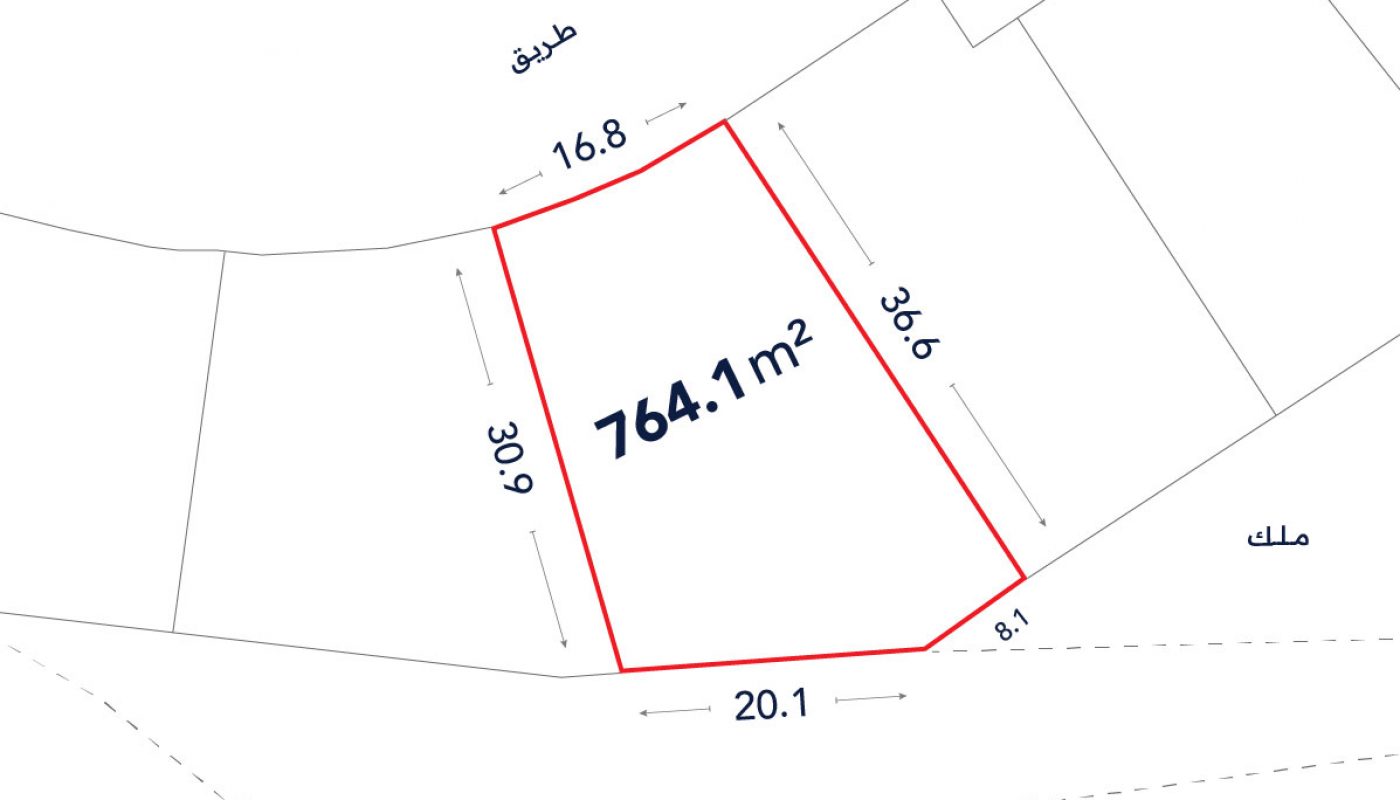 A plot map shows a 764.1 square meter land parcel outlined in red, with labeled side lengths: 16.8 m, 36.6 m, 8.1 m, 20.1 m, and 30.9 m. Arabic labels indicate street and ownership.
