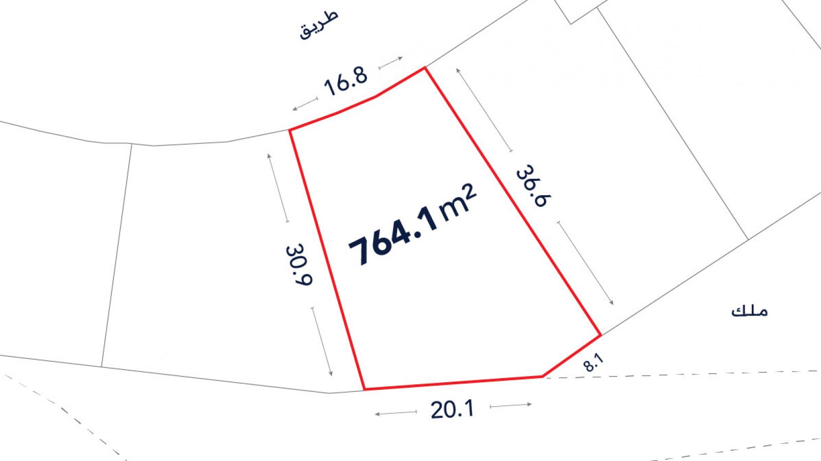 A plot map shows a 764.1 square meter land parcel outlined in red, with labeled side lengths: 16.8 m, 36.6 m, 8.1 m, 20.1 m, and 30.9 m. Arabic labels indicate street and ownership.