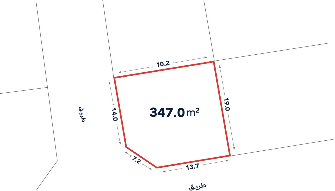 A plot of land outlined in red, labeled 347.0 m², with side lengths of 10.2 m, 19.0 m, 13.7 m, 7.2 m, and 14.0 m; adjacent roads labeled "طريق".