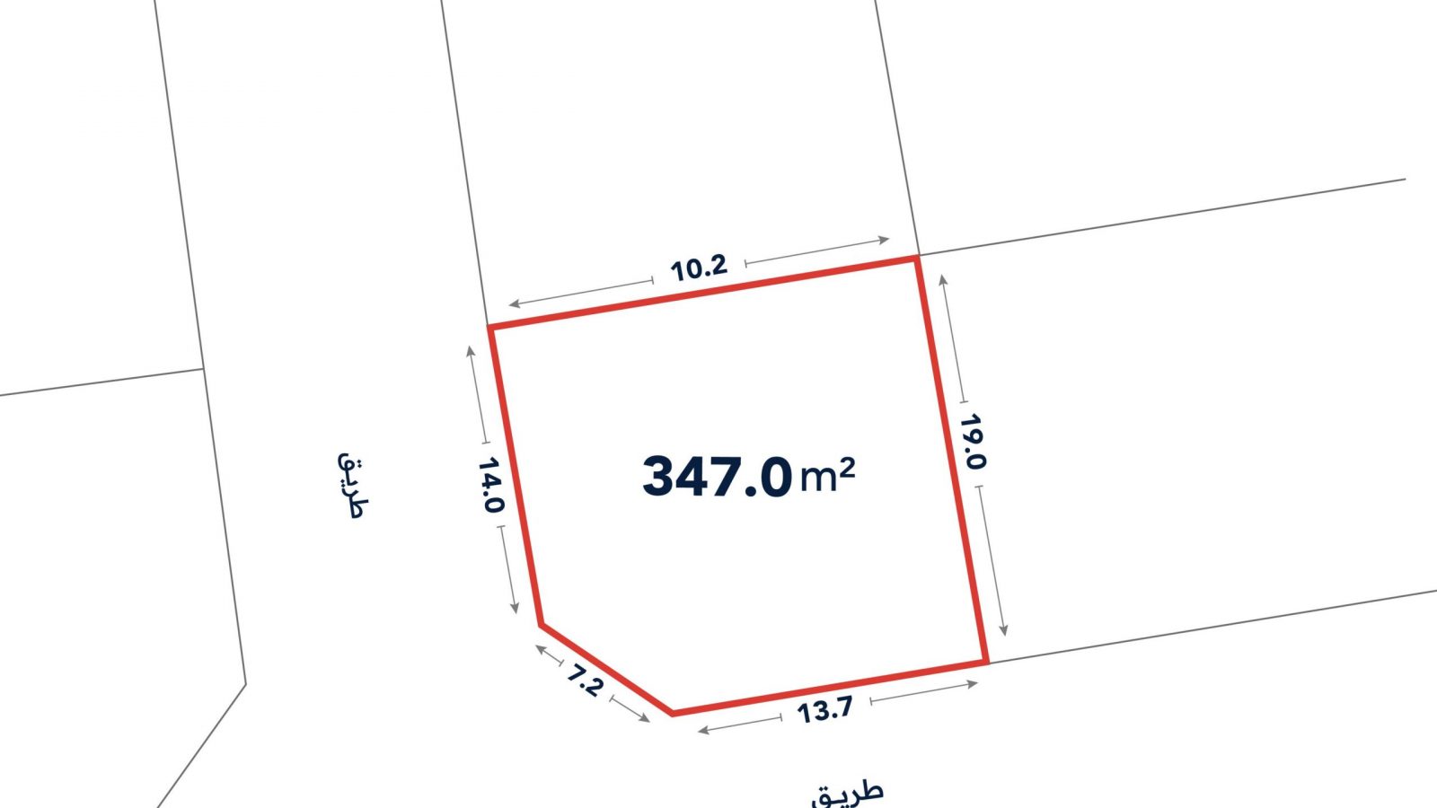 A plot of land outlined in red, labeled 347.0 m², with side lengths of 10.2 m, 19.0 m, 13.7 m, 7.2 m, and 14.0 m; adjacent roads labeled "طريق".
