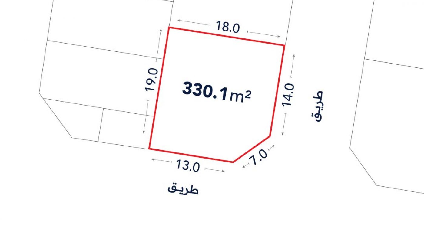 Land plot outlined in red labeled 330.1 m², with boundary lengths 18.0 m, 14.0 m, 7.0 m, 13.0 m, and 19.0 m, adjacent to two streets marked in Arabic.
