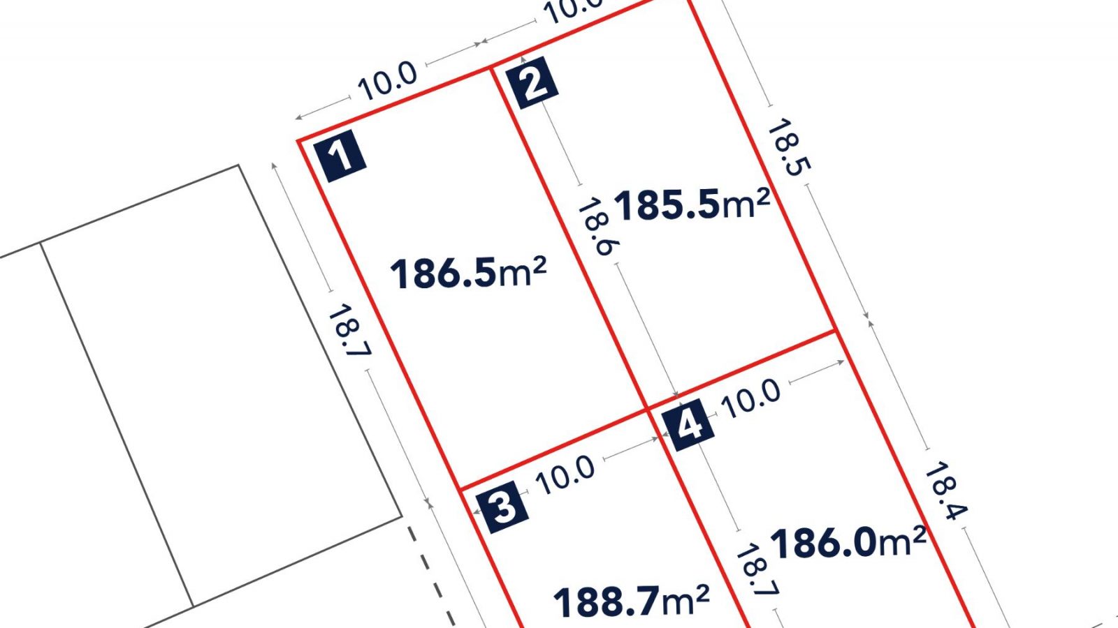 A plot plan showing four adjacent rectangular plots, each labeled with a number and area in square meters, with boundary measurements marked in meters.