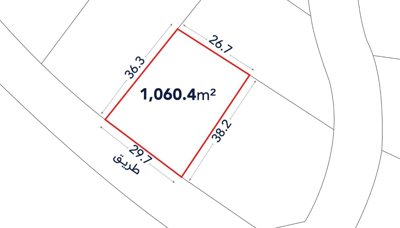 A plot of land outlined in red, labeled 1,060.4 m², with side lengths 26.7 m, 38.2 m, 29.7 m, and 38.3 m, next to a curved road marked “طريق”.