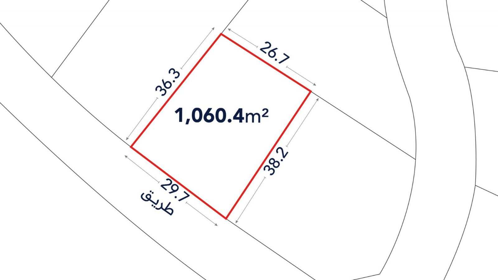 A plot of land outlined in red, labeled 1,060.4 m², with side lengths 26.7 m, 38.2 m, 29.7 m, and 38.3 m, next to a curved road marked “طريق”.