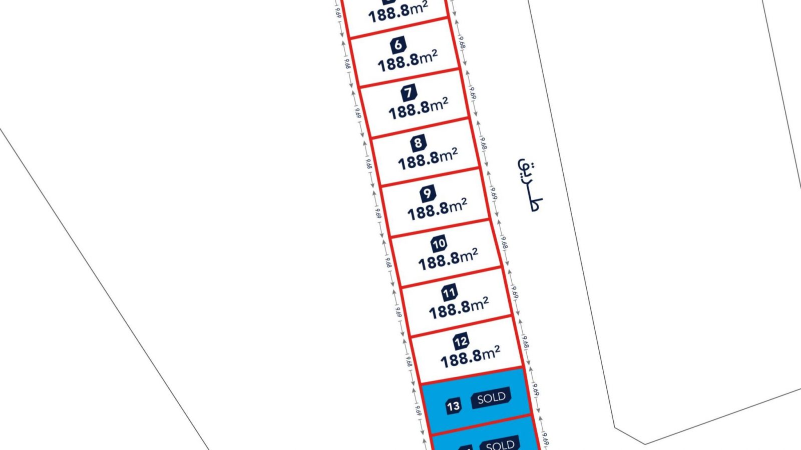 A site plan showing 12 rectangular lots, mostly 188.8 m², with two lots marked as "SOLD" and two larger lots at each end marked 211.4 m² and 204.0 m².