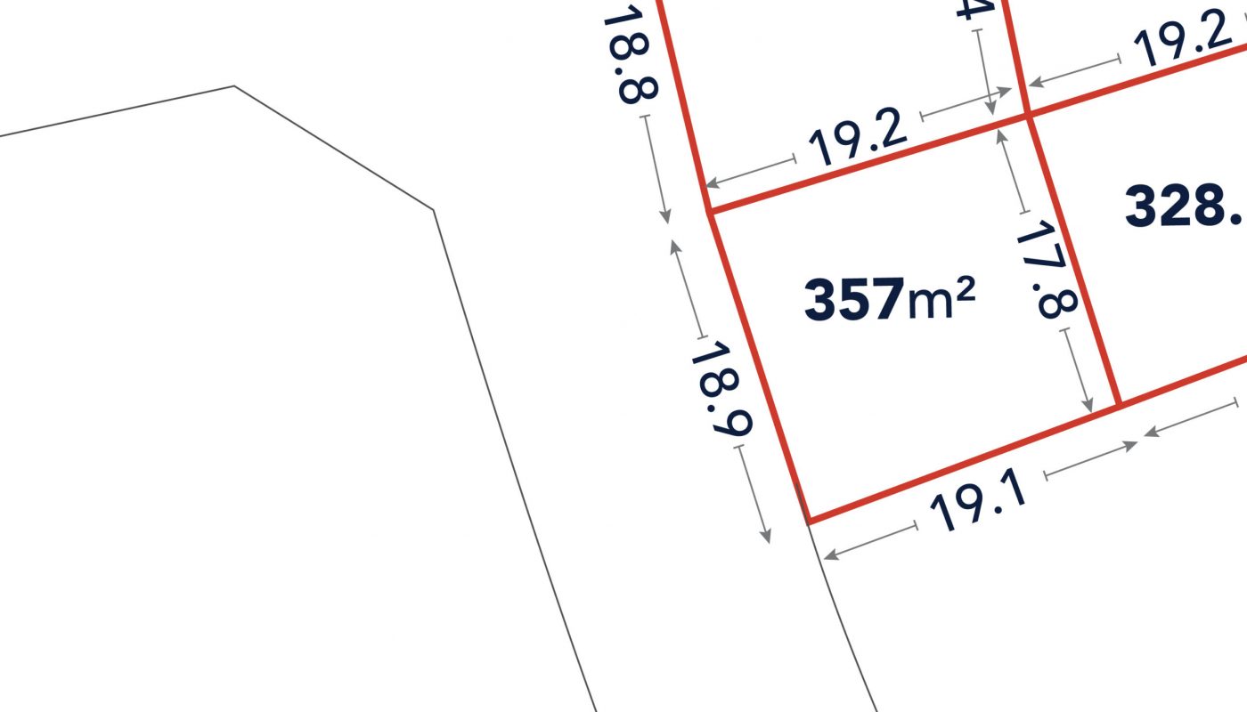 A map shows land plots with labeled areas in square meters and dimensions in meters; one plot, 357 m², is outlined in red.