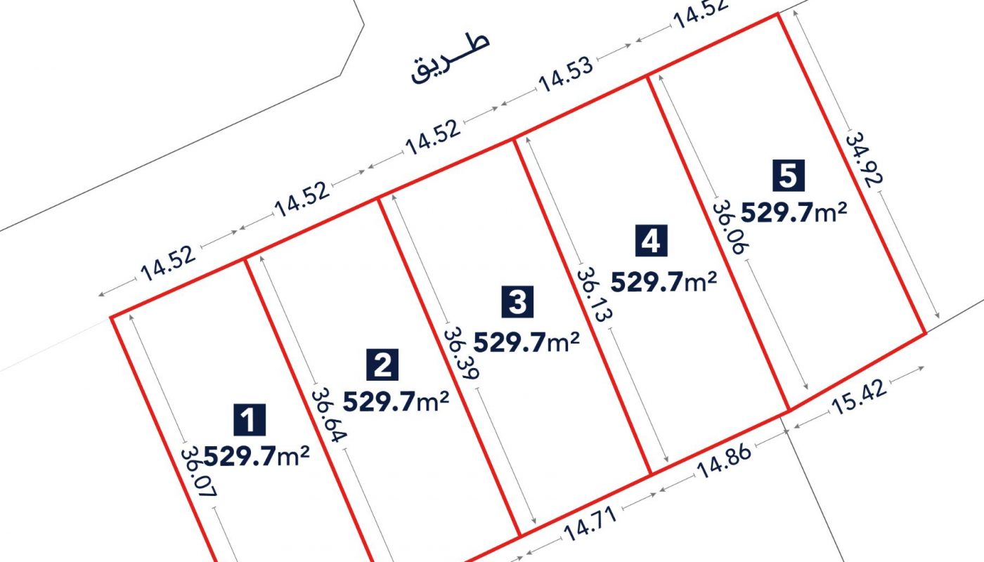 A map showing five adjacent rectangular land plots, each numbered 1 to 5, with an area of 529.7 square meters, bordered by a street labeled "طريق".