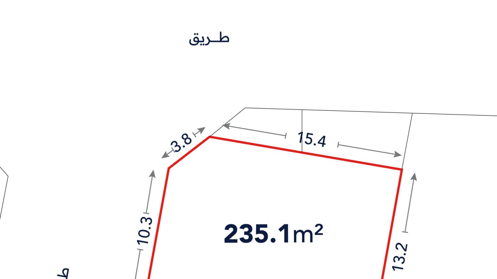 A plot map shows a 235.1 m² parcel outlined in red, with labeled side lengths and adjacent roads marked in Arabic.