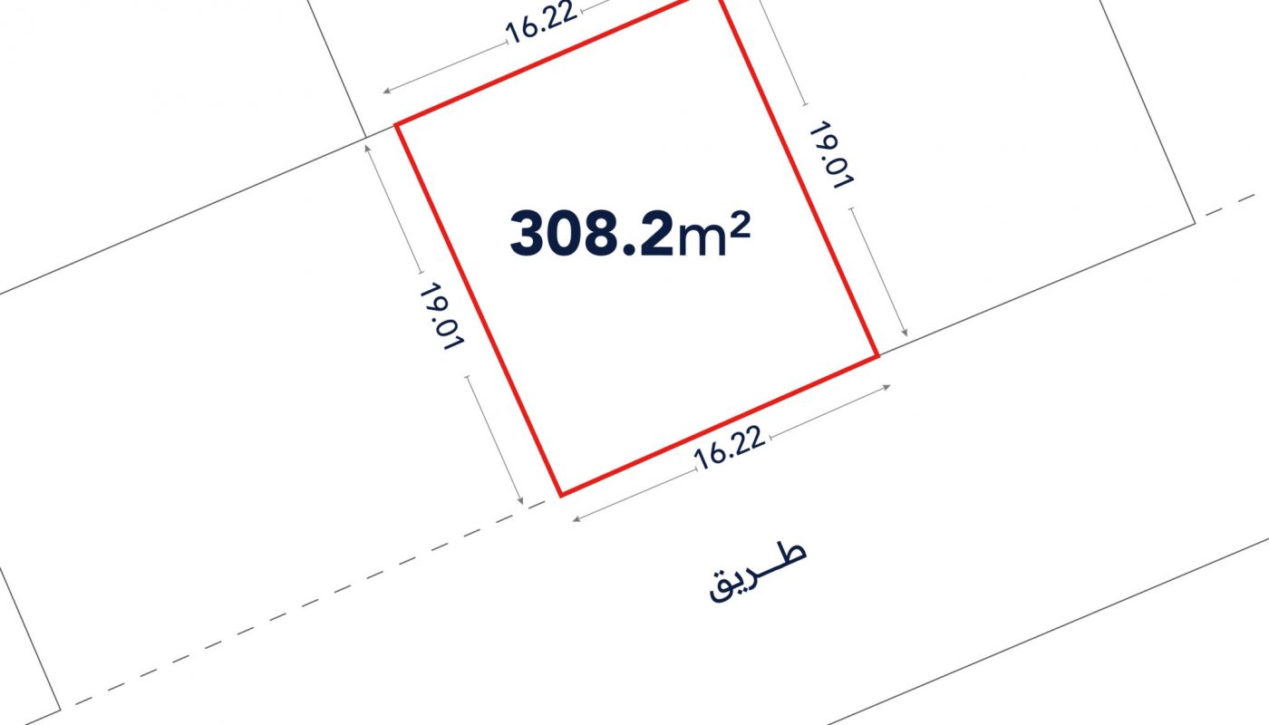 A plot of land outlined in red, labeled 308.2 m², with dimensions 16.22 m by 19.01 m, adjacent to a road labeled "طريق" (Arabic for "road").