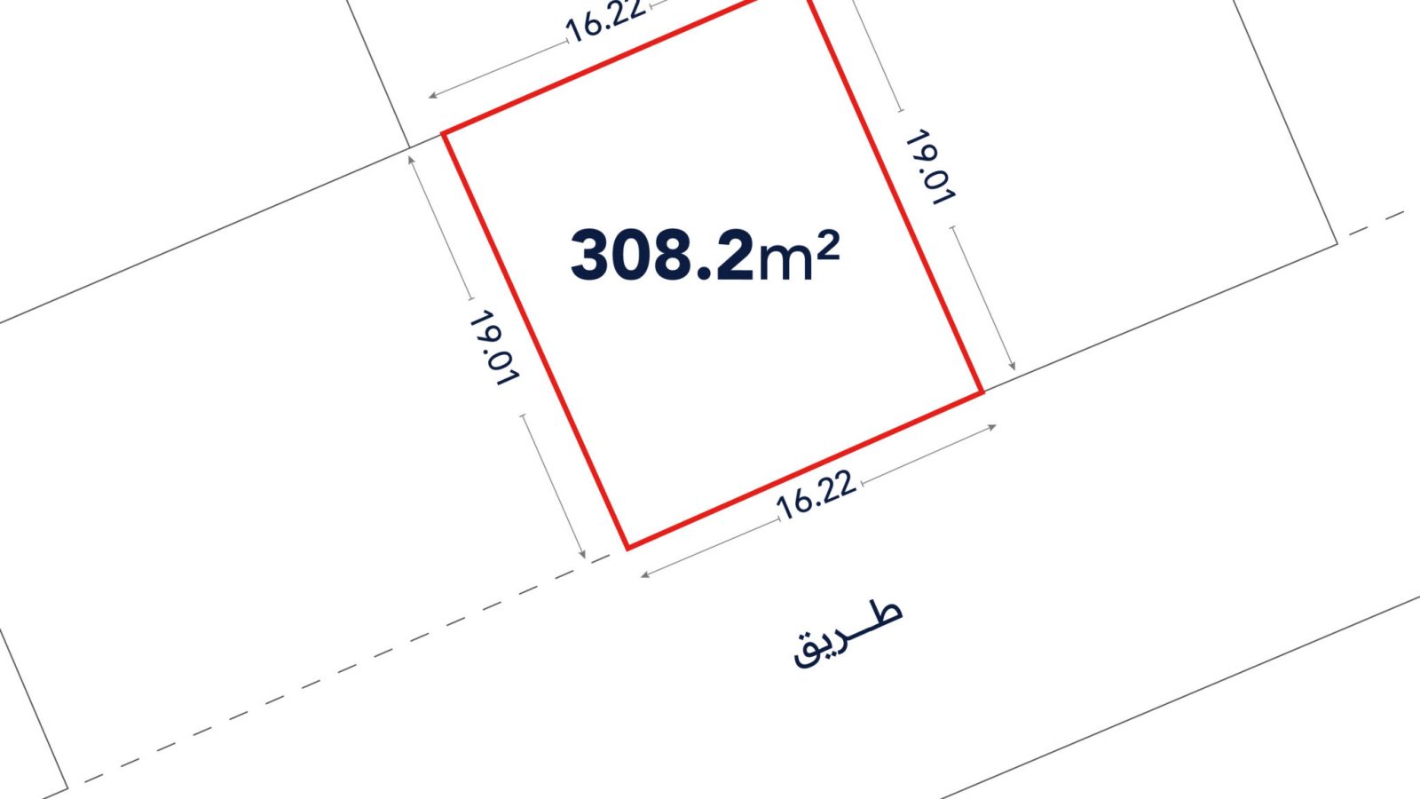 A plot of land outlined in red, labeled 308.2 m², with dimensions 16.22 m by 19.01 m, adjacent to a road labeled "طريق" (Arabic for "road").