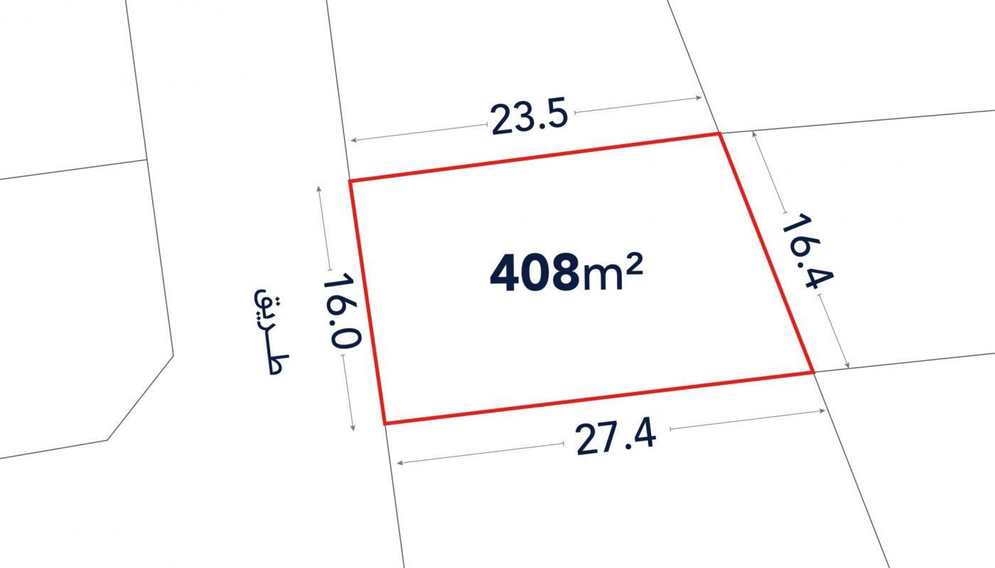 A plot of land outlined in red, labeled 408 m², with side lengths of 16.0, 23.5, 16.4, and 27.4 meters shown on a site map.