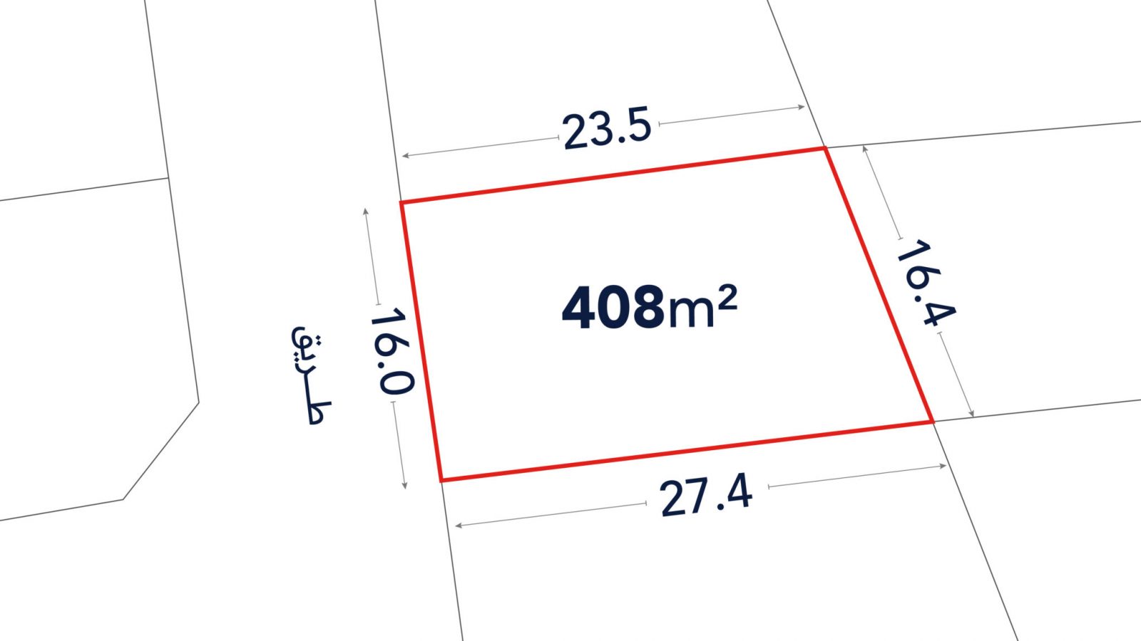 A plot of land outlined in red, labeled 408 m², with side lengths of 16.0, 23.5, 16.4, and 27.4 meters shown on a site map.