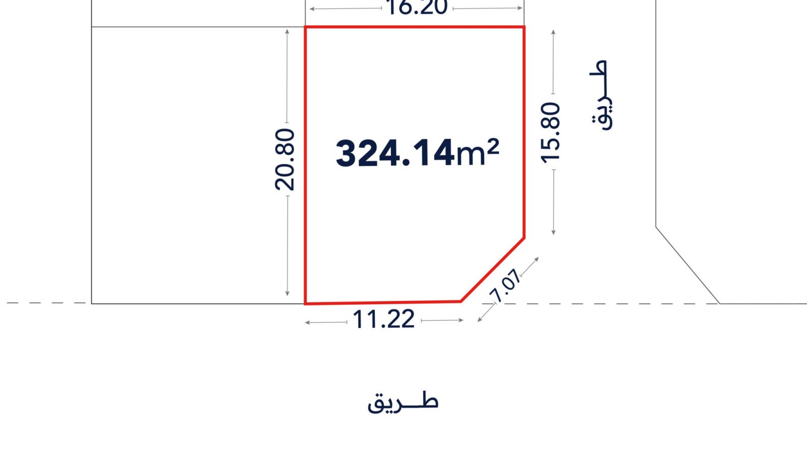 Diagram of a land plot outlined in red, labeled 324.14 m², with side lengths 16.20 m, 20.80 m, 11.22 m, 7.07 m, and 15.80 m, adjacent to two streets.