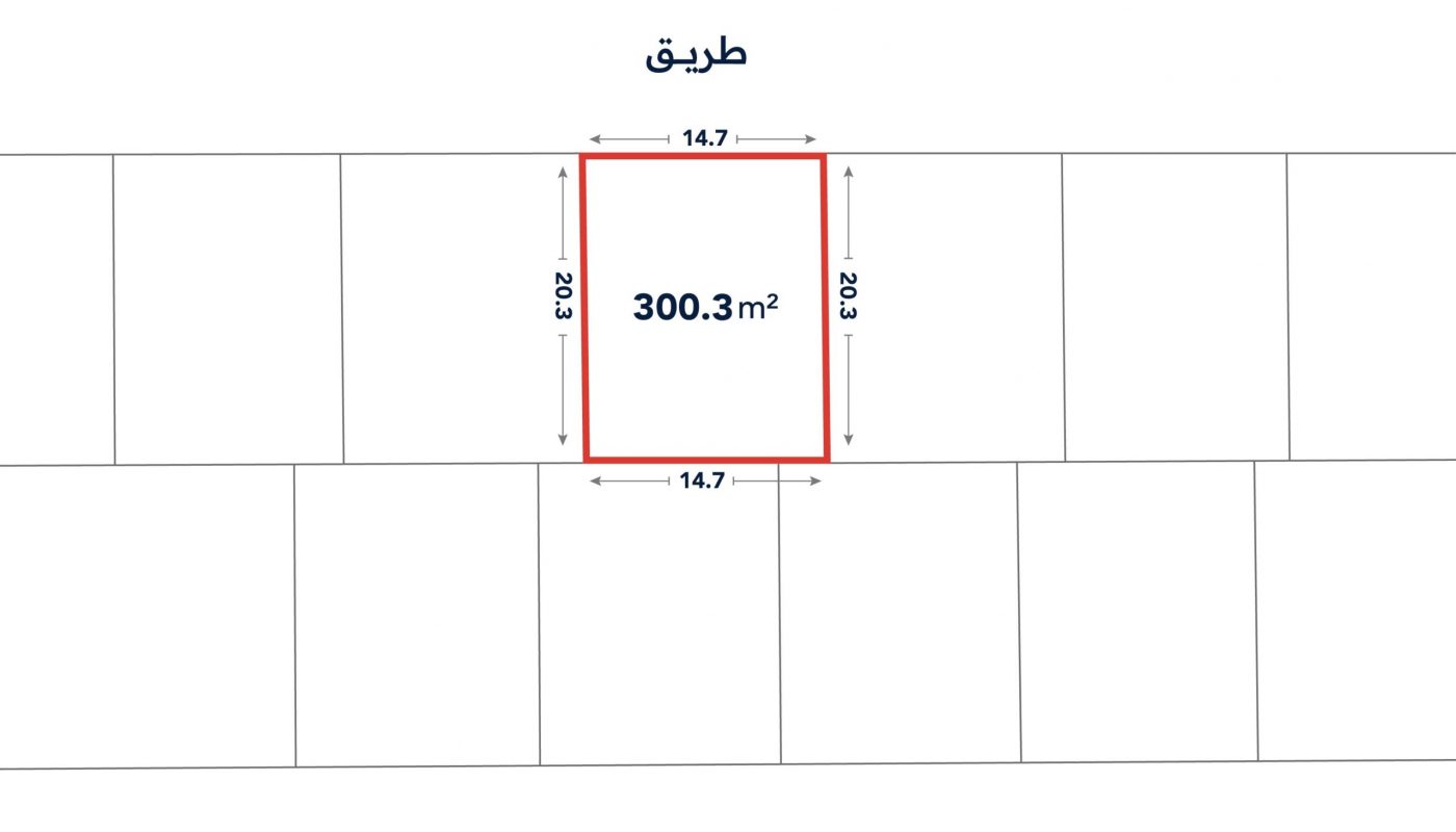 A rectangular plot measuring 14.7 by 20.3 meters, area labeled 300.3 m², is outlined in red; "طريق" (road) is written above the plot.
