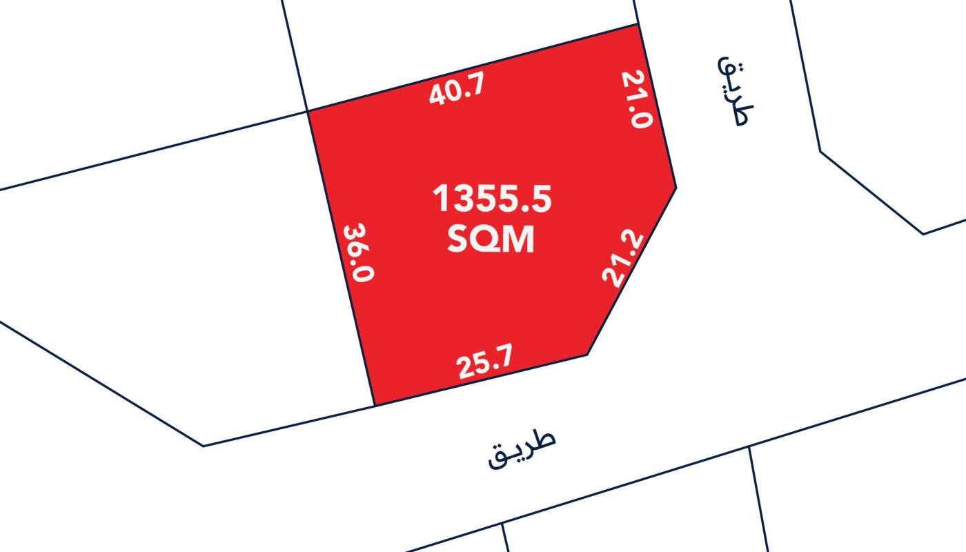A red land plot labeled "1355.5 SQM" is shown with surrounding streets and boundary lengths marked in meters: 40.7, 21.0, 21.2, 25.7, and 36.0.