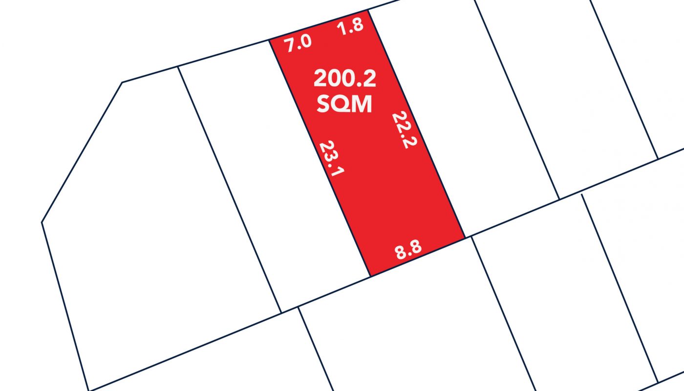 A highlighted rectangular plot labeled "200.2 SQM" with sides measuring 7.0, 1.8, 22.2, 8.8, and 23.1 meters, located next to a road labeled in Arabic.