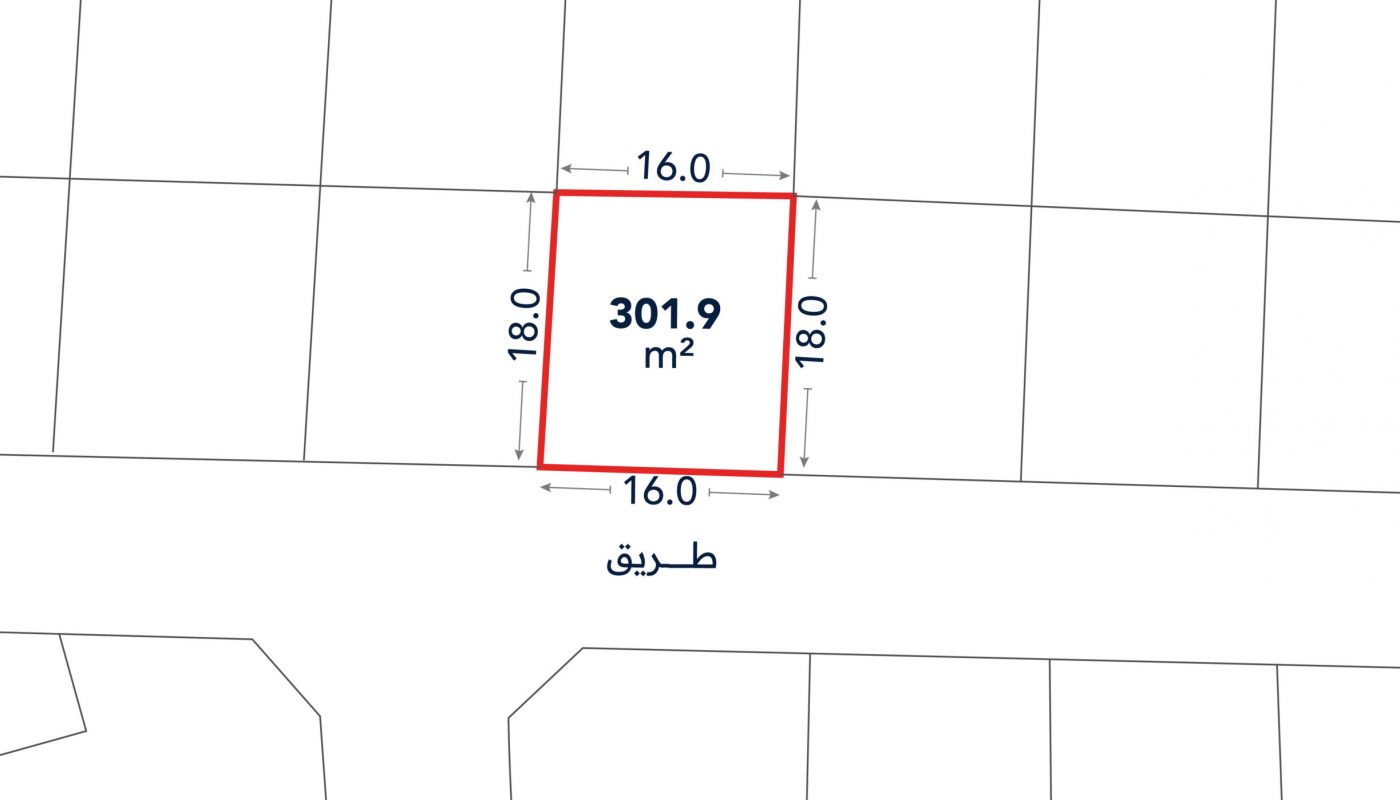 Square plot marked in red, measuring 301.9 square meters with 16m width and 18m depth, located between other plots and facing a street labeled "طريق".