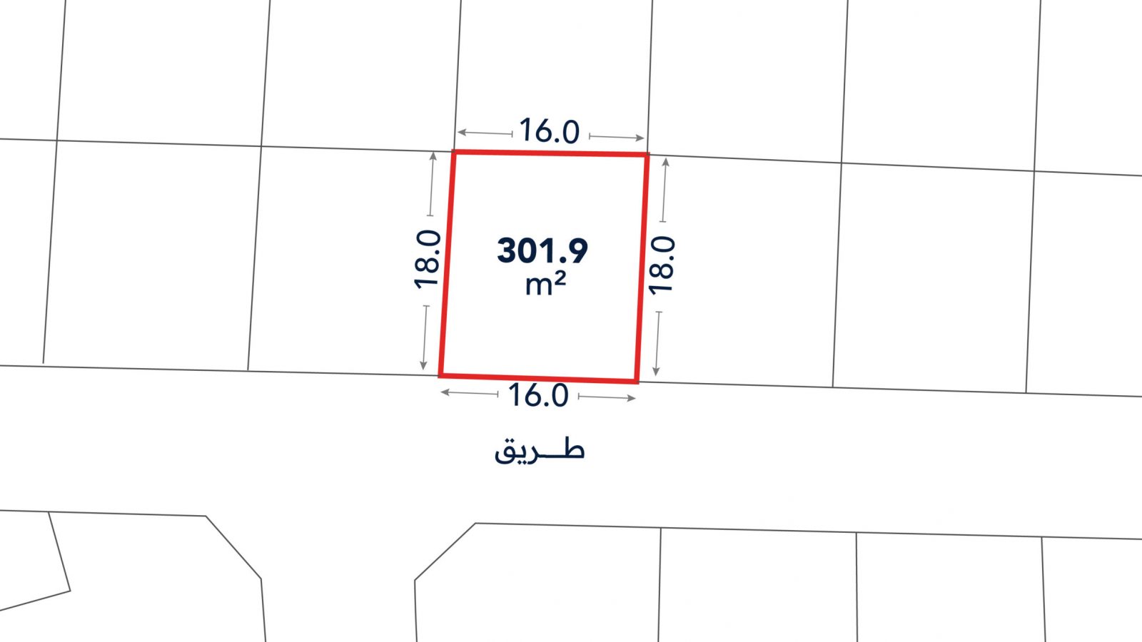 Square plot marked in red, measuring 301.9 square meters with 16m width and 18m depth, located between other plots and facing a street labeled "طريق".