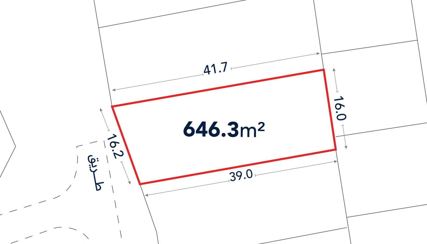 Diagram showing a plot of land outlined in red, labeled 646.3 square meters, with side lengths marked as 41.7m, 39.0m, 16.2m, and 16.0m.