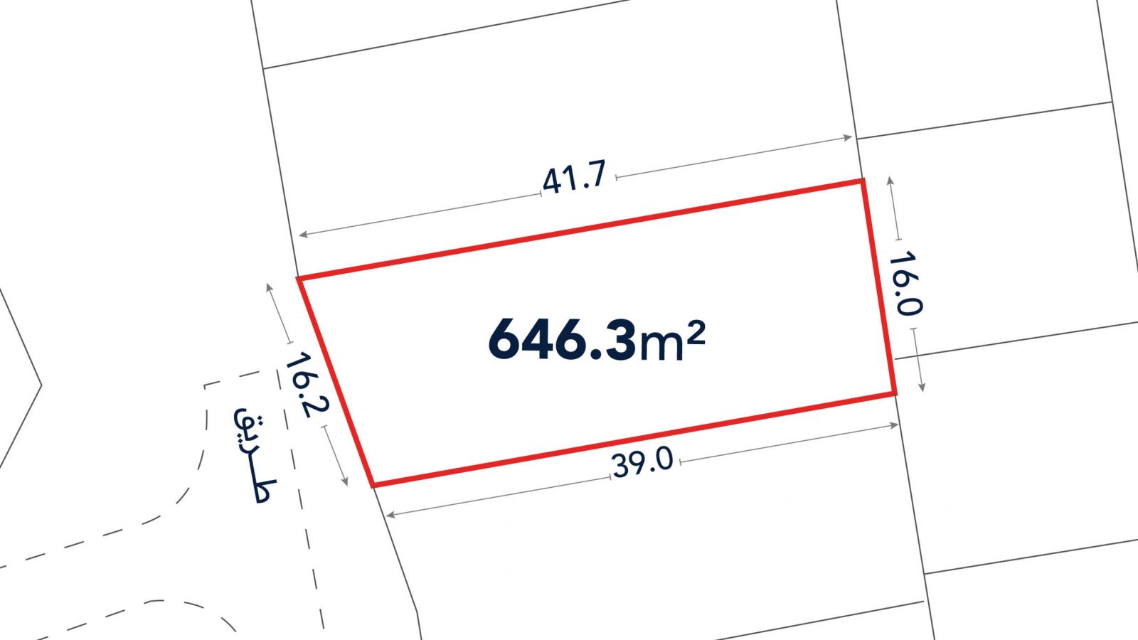 Diagram showing a plot of land outlined in red, labeled 646.3 square meters, with side lengths marked as 41.7m, 39.0m, 16.2m, and 16.0m.