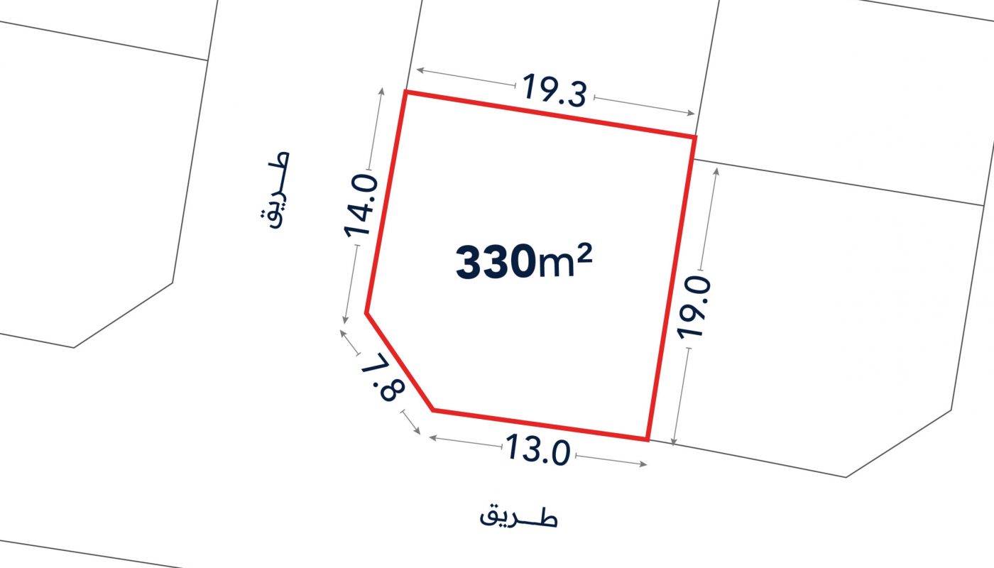 A plot of land outlined in red, measuring 330 square meters, with labeled side lengths: 19.3m, 19.0m, 13.0m, 8.9m, and 14.0m, bordered by streets.