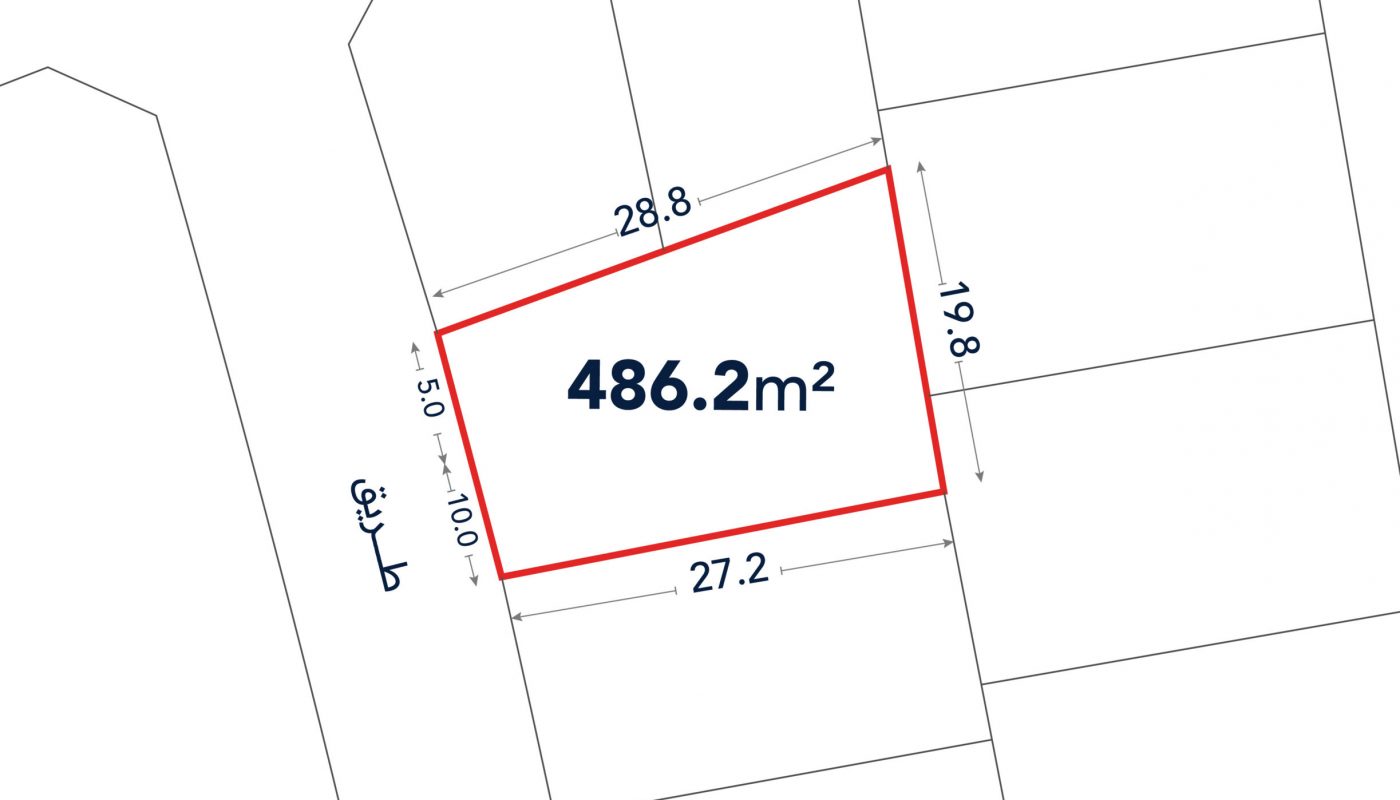 A plot map shows a highlighted land parcel measuring 486.2 square meters with labeled boundary lengths and surrounding properties.