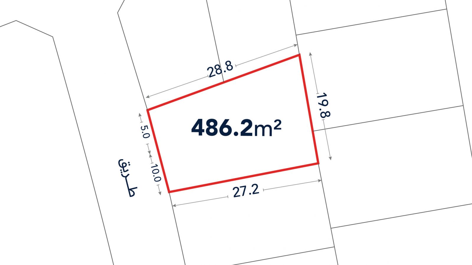 A plot map shows a highlighted land parcel measuring 486.2 square meters with labeled boundary lengths and surrounding properties.