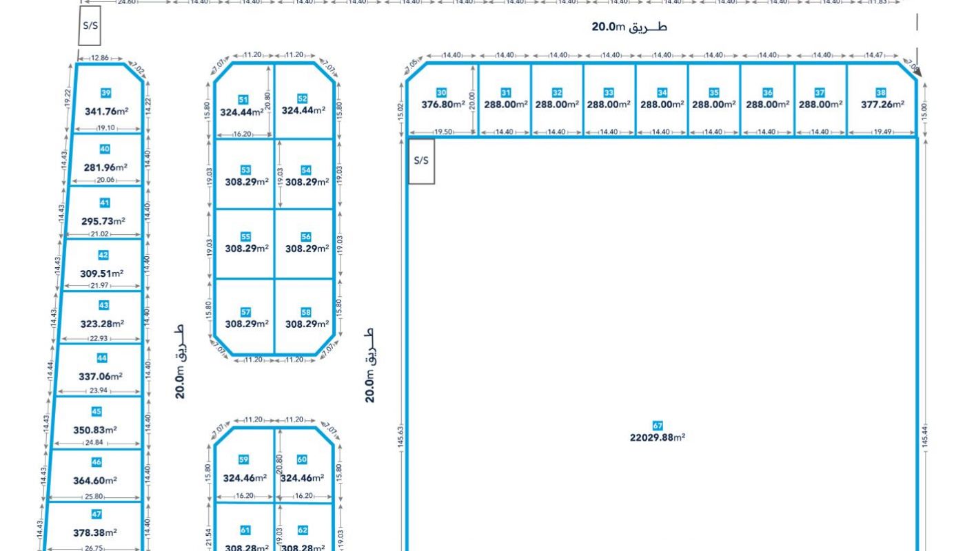 A site plan showing multiple rectangular and irregular plots with labeled area measurements in square meters, surrounding a large central plot measuring 22029.49 sq.m.