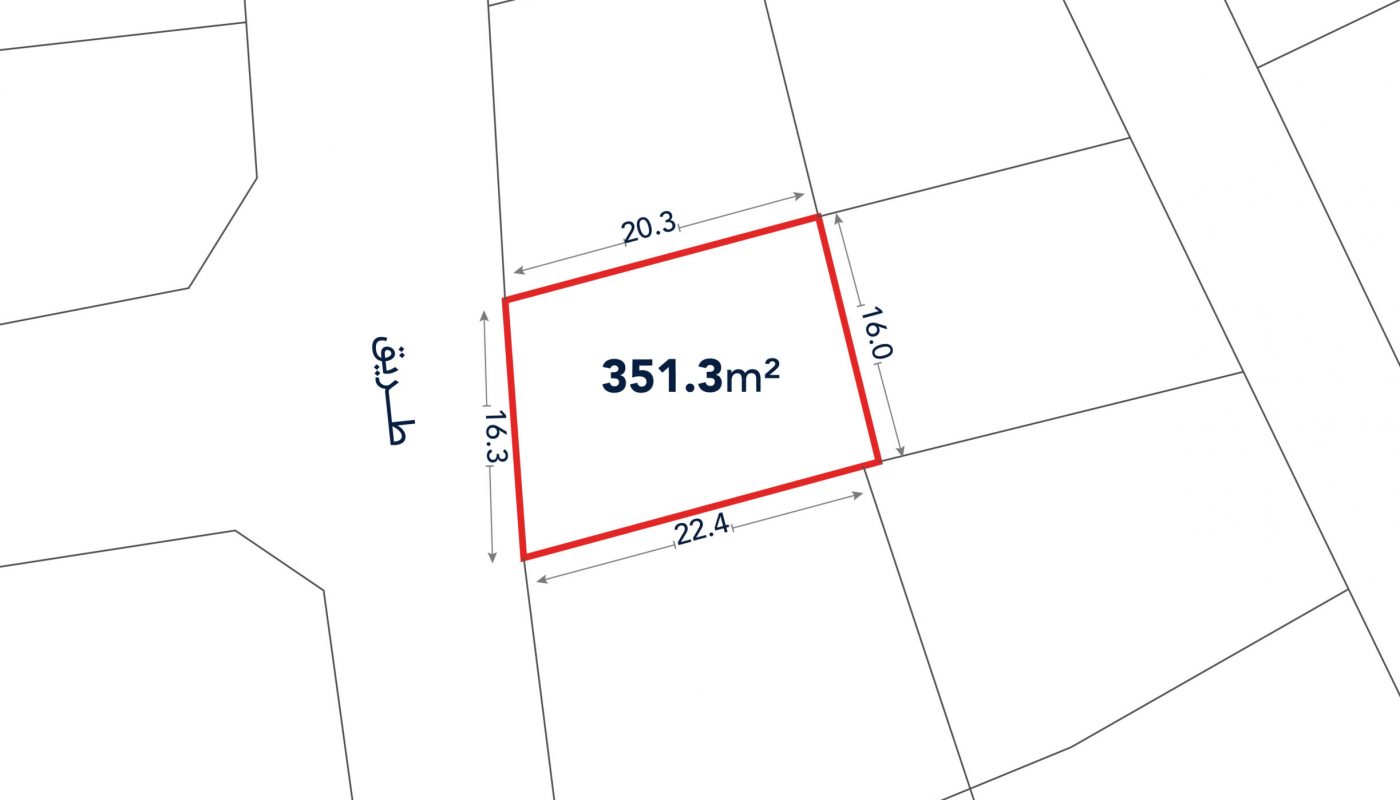 A map shows a plot of land outlined in red, labeled 351.3 m², with side lengths of 20.3m, 16.0m, 22.4m, and 13.3m, bordered by roads and other plots.