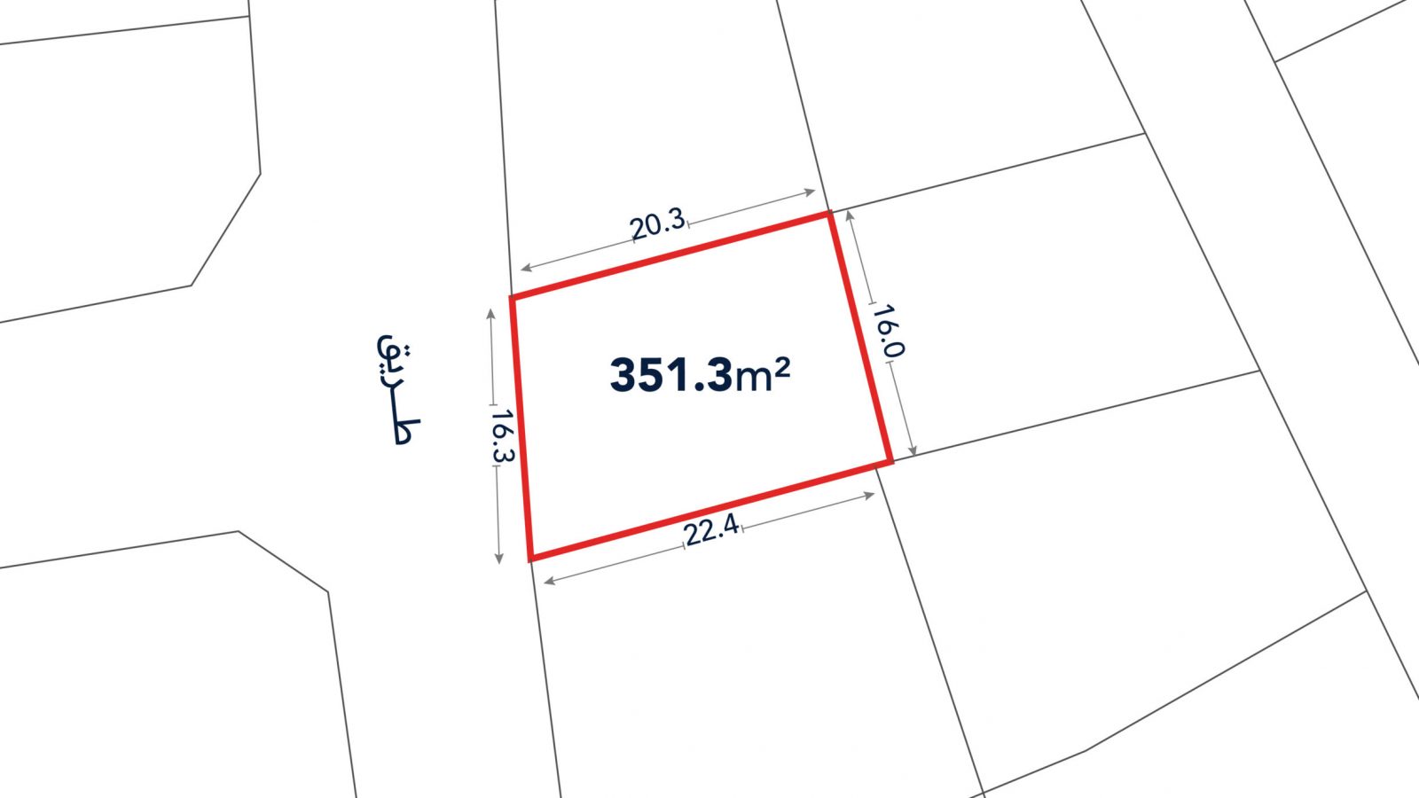 A map shows a plot of land outlined in red, labeled 351.3 m², with side lengths of 20.3m, 16.0m, 22.4m, and 13.3m, bordered by roads and other plots.