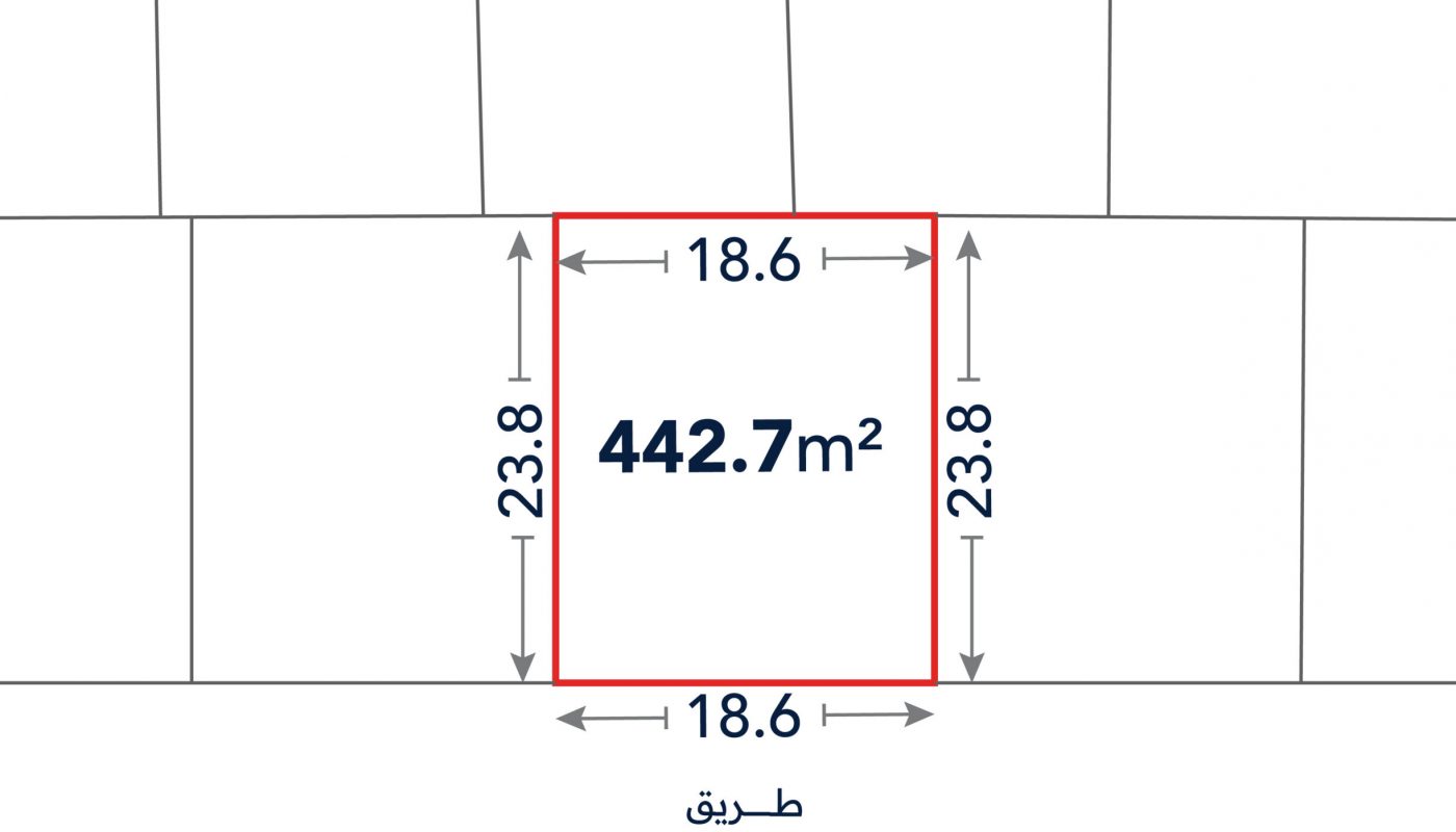 Rectangular land plot outlined in red, labeled 442.7 square meters, with dimensions of 18.6 meters by 23.8 meters, situated between parallel roads.