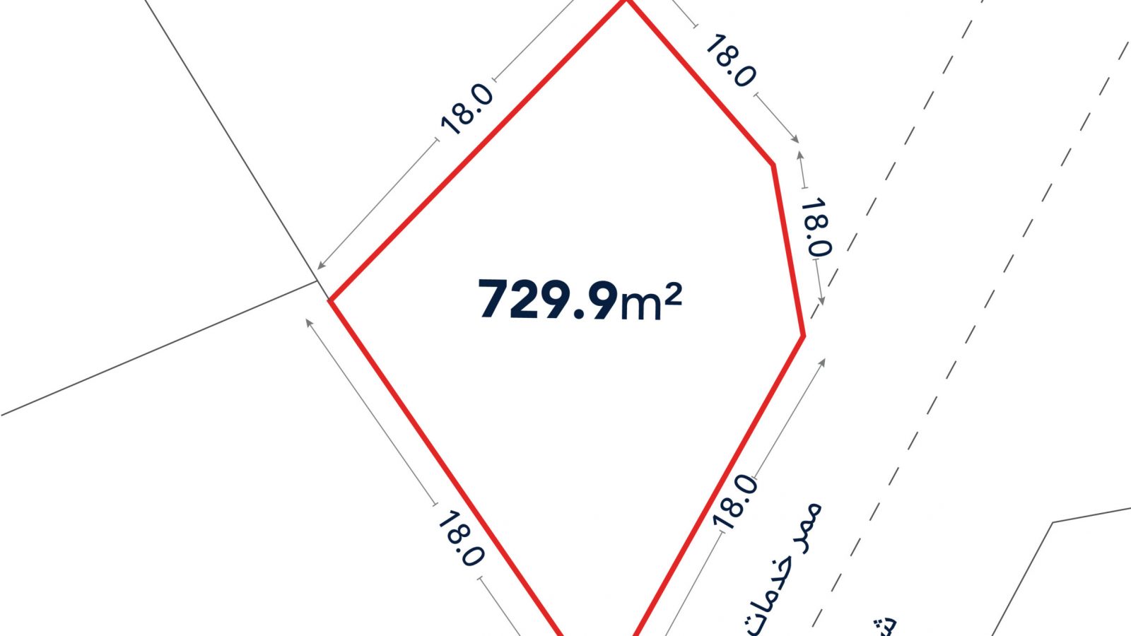 A plot diagram outlined in red shows a 729.9 sqm area with four labeled 18.0m sides, adjacent to a road marked “شارع” and another road labeled “ممر خدمات سكان.”.