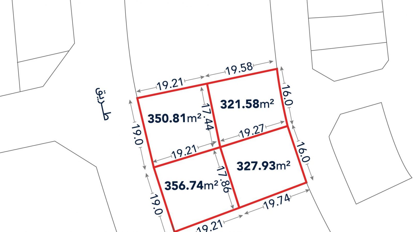 A site map shows four adjacent land plots with labeled areas: 350.81 m², 321.58 m², 356.74 m², and 327.93 m², marked with dimensions and bordering roads.